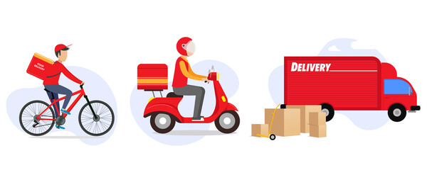 Online delivery service concept, online order tracking, delivery home and office. Warehouse, truck, drone, scooter and bicycle courier, delivery man in respiratory mask.