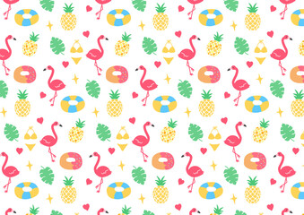 夏　フラミンゴ　トロピカル　手書き　シームレス　パターン　summer　flamingo doodles seamless pattern	