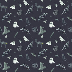 Watercolor magic Halloween pattern.
The funny design is perfect for wrapping, fabric, postcards.