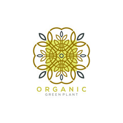 Obraz premium gold leaf plant vector logo with square gold background