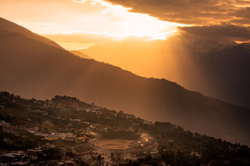Sunrise over the mountains, scenic sunrise landscape of Tawang town, this town is situated on the foothills of the Himalayas in Arunachal Pradesh in India