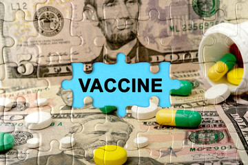Double exposure. Puzzles depicting pills and dollars with the inscription -VACCINE