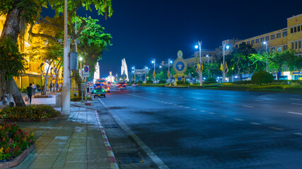  Twilight view of Ratchadamnoen Road in Bangkok, Thailand