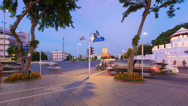  Twilight view of Ratchadamnoen Road in Bangkok, Thailand
