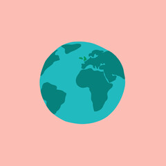 A hand drawn flat globe on pink background. Postcard for the Earth day. Vector Illustration with save the planet meaning. Perfect for print, cards, posters, booklet, design