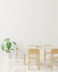 Dining room and table set copy space on white background, front view,white empty wall for mock up work ,3D rendering