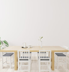 Dining room and table set copy space on white background, front view,white wall for mock up work and copy space ,3D rendering