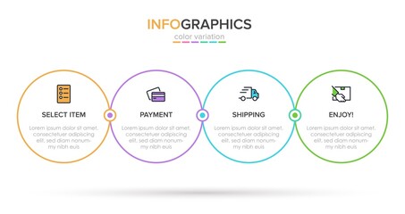 Concept of shopping process with 4 successive steps. Four colorful graphic elements. Timeline design for brochure, presentation, web site. Infographic design layout.
