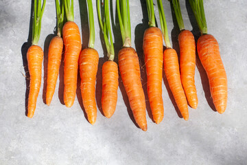 Group of carrots top view, raw with stems and leaves on light background