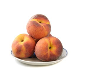 ripe peaches close-up, white isolated background, horizontal view