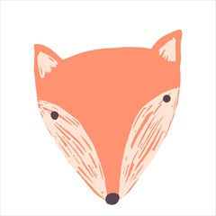 Vector fox head on white background. Cute hand drawn cartoon animal. Flat element for your design, perfect for card, sticker, poster, packaging, t shirt print or baby cloth.
