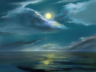 Fototapeta na wymiar light of beautiful full moon reflected on calm ocean