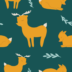 Hand drawn flat cute woodland collection. Seamless pattern with deers. Cartoon vector deer illustration for childish decoration clothes, patterns, stickers, cards, fabric, textile