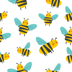 Hand drawn flat cute insect collection. Seamless pattern with bees or wasps. Cartoon vector bee or wasp illustration for childish decoration clothes, patterns, stickers, cards, fabric, textile