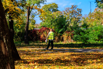 Fototapeta premium Worker uses a blower to clear fallen autumn leaves in city park