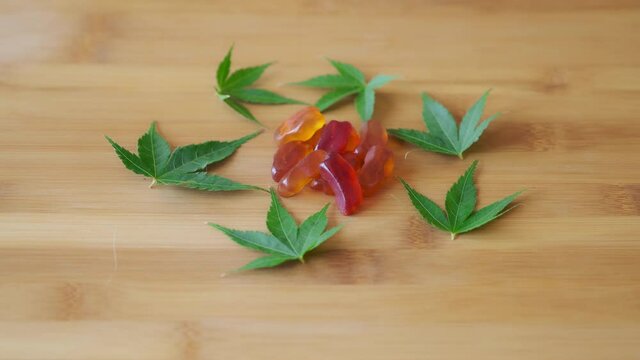 Slow Motion Hand Picking Out CBD Gummy from Candy Pile Surrounded by Marijuana Leaves