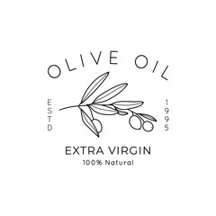 Olive Oil Line Logo. Outline Botanical Branch with leaves and with Fruit In a Modern Minimal Style. Vector Icon