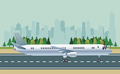 white airplane transport in the airport cityscape scene