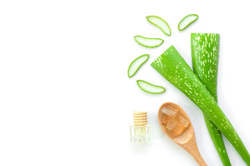 Aloe Vera essential oil with Aloevera gel isolated on white background. Skin care, health, beauty and spa concept.