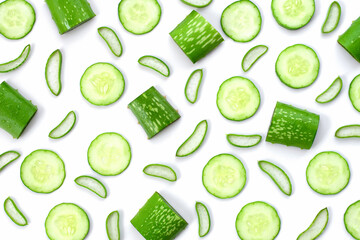 aloe vera and cucumber on white, pattern texture.