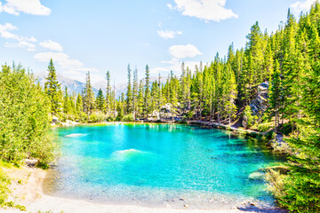Emerald-Colored Grassi Lakes in the Kananaskis Country of Canmore, Alberta, Canada