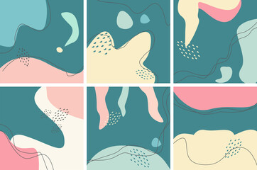 Set of eight abstract backgrounds. Hand drawn various shapes and doodle objects. Contemporary modern trendy vector illustrations. Every background is isolated. Pastel colors