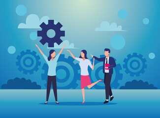 group of business people teamwork with gears characters
