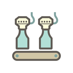 Machine fill water into glass bottle in beverage production process vector icon design on white background.