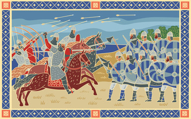 Battle of Hastings. Decorative pano. Stylized image in the form of a book medieval miniature