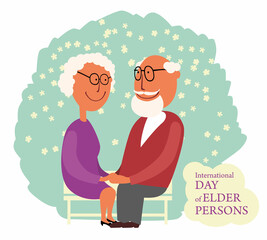 International Day of Older Persons. Congratulatory poster. Drawn funny grandfather and grandmother are sitting in the garden on a bench