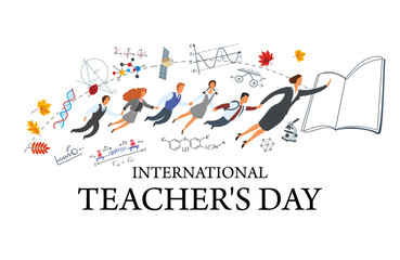 International Teacher's Day. Vector illustration. The teacher flies into the book and pulls the children with him. Allegorical image