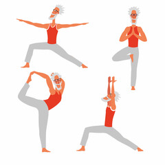 Yoga poses set. The drawn cheerful elderly man is doing exercises. Vector illustration