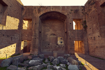 Roman Forum building in ruins at sunset