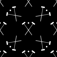 Seamless croquet pattern Hammers and the ball croquet on black background. Sign croquet sports.
