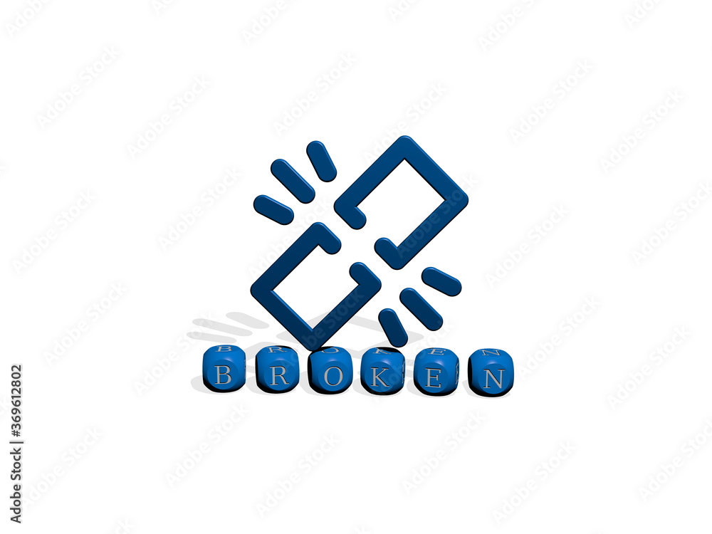 Poster 3d graphical image of broken vertically along with text built by metallic cubic letters from the top