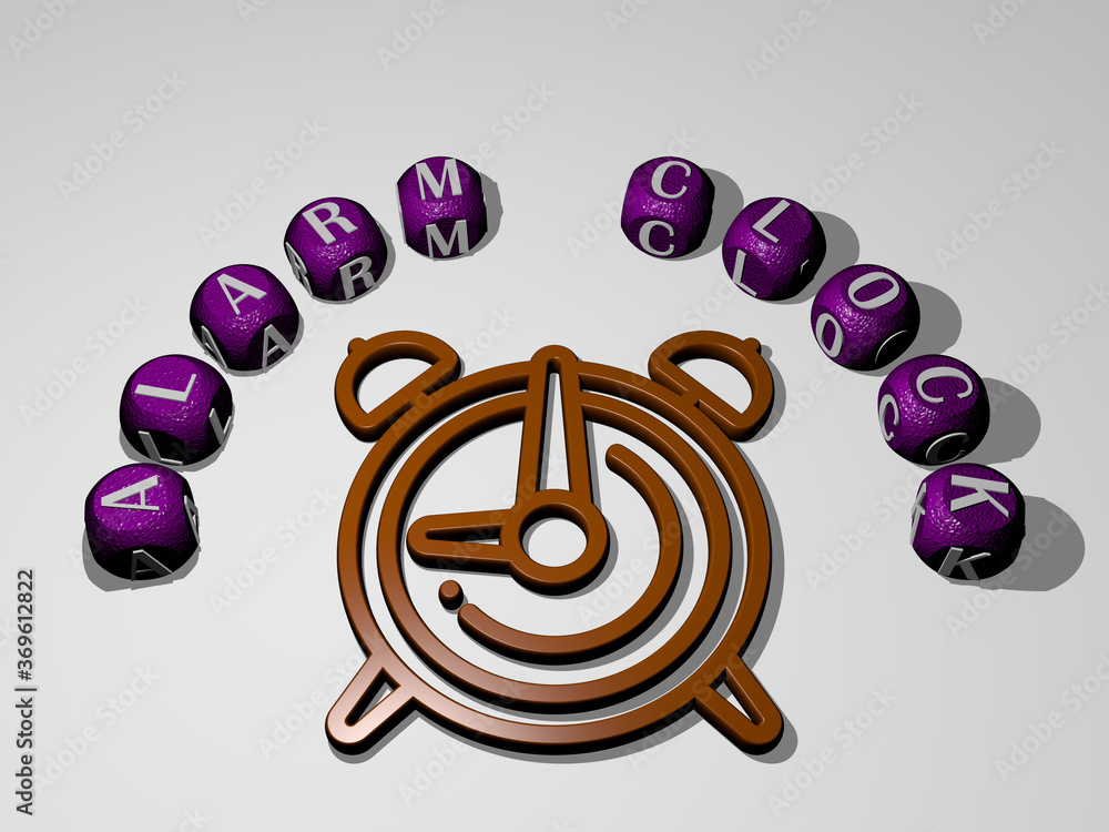 Aufkleber 3d graphical image of alarm clock vertically along with text built around the icon by metallic cubic
