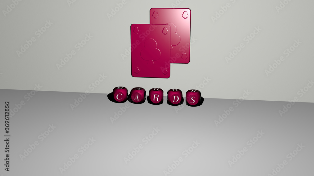 Poster 3D graphical image of CARDS vertically along with text built by metallic cubic letters from the top perspective, excellent for the concept presentation and slideshows. illustration and background