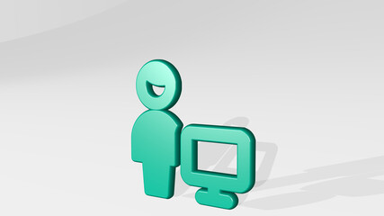 single man actions monitor stand with shadow. 3D illustration of metallic sculpture over a white background with mild texture. icon and isolated