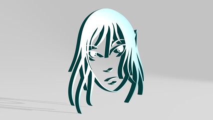 GIRL stand with shadow. 3D illustration of metallic sculpture over a white background with mild texture. beautiful and woman