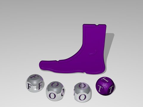 3D illustration of foot graphics and text around the icon made by metallic dice letters for the related meanings of the concept and presentations. background and feet