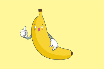 SPACED OUT, SURPRISED, SHOCKED Face Emotion. Thumb Up Hand Gesture. Banana Fruit Cartoon Drawn Mascot Illustration.