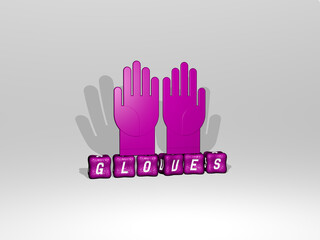Fototapeta premium 3D representation of GLOVES with icon on the wall and text arranged by metallic cubic letters on a mirror floor for concept meaning and slideshow presentation. background and boxing
