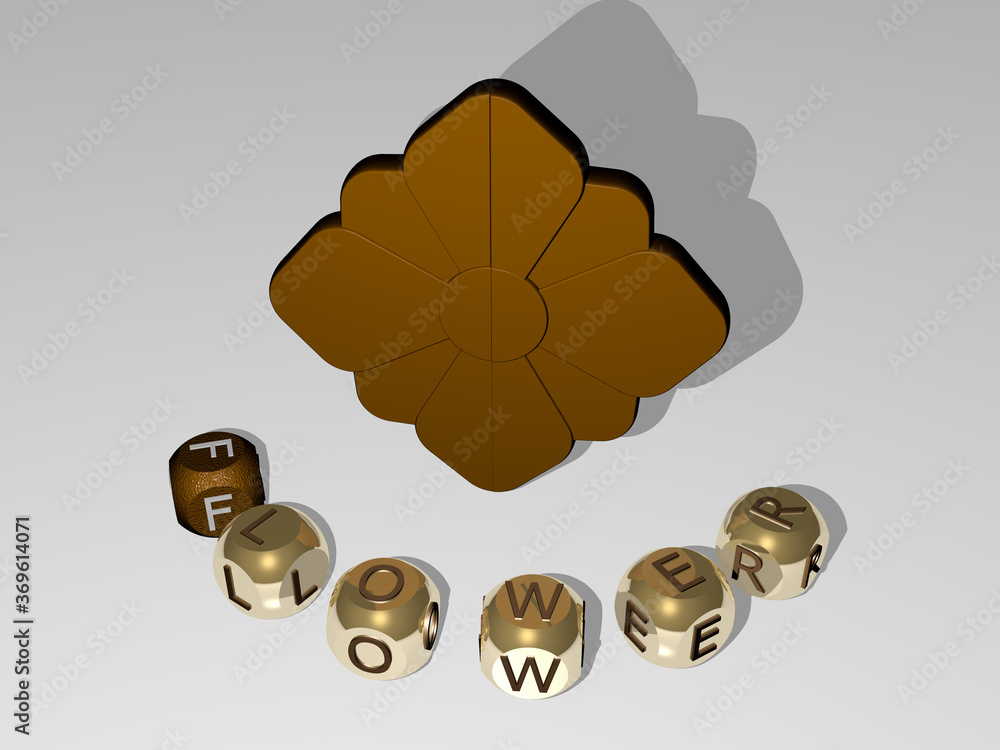 Poster 3d graphical image of flower vertically along with text built around the icon by metallic cubic lett
