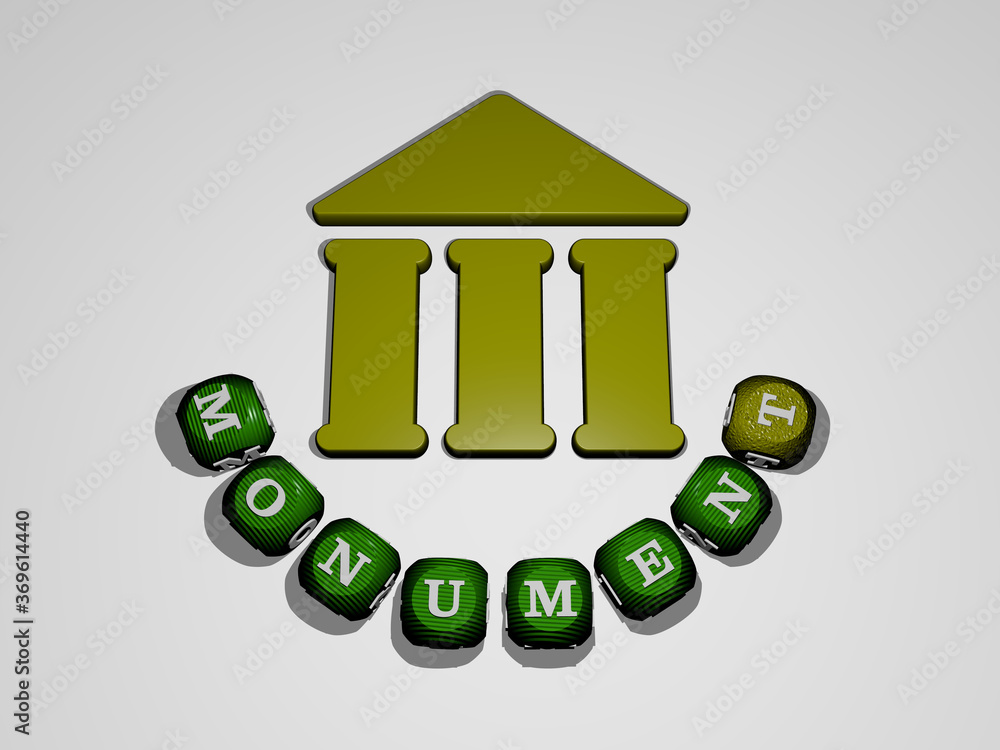 Poster 3d representation of monument with icon on the wall and text arranged by metallic cubic letters on a