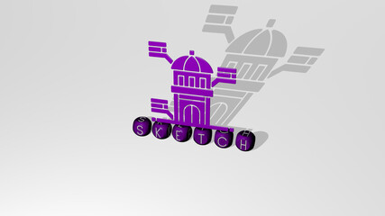 3D illustration of sketch graphics and text made by metallic dice letters for the related meanings of the concept and presentations. hand and background