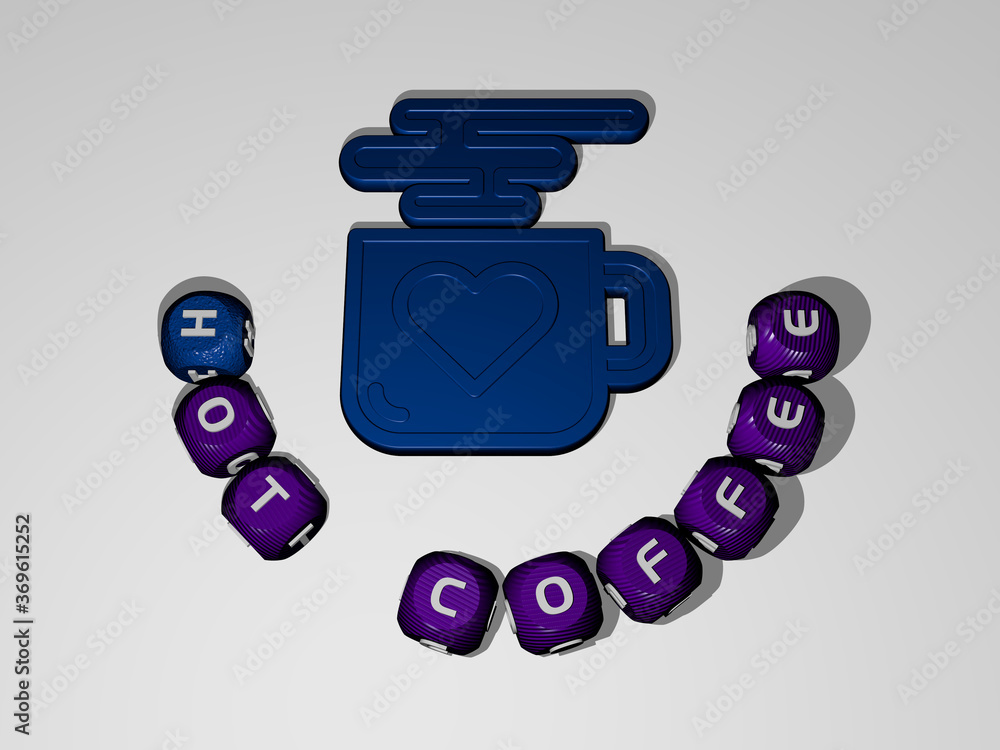 Poster 3d graphical image of hot coffee vertically along with text built around the icon by metallic cubic 