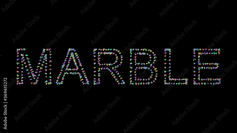 Poster colorful 3d writing of marble text with small objects over a dark background and matching shadow. ab