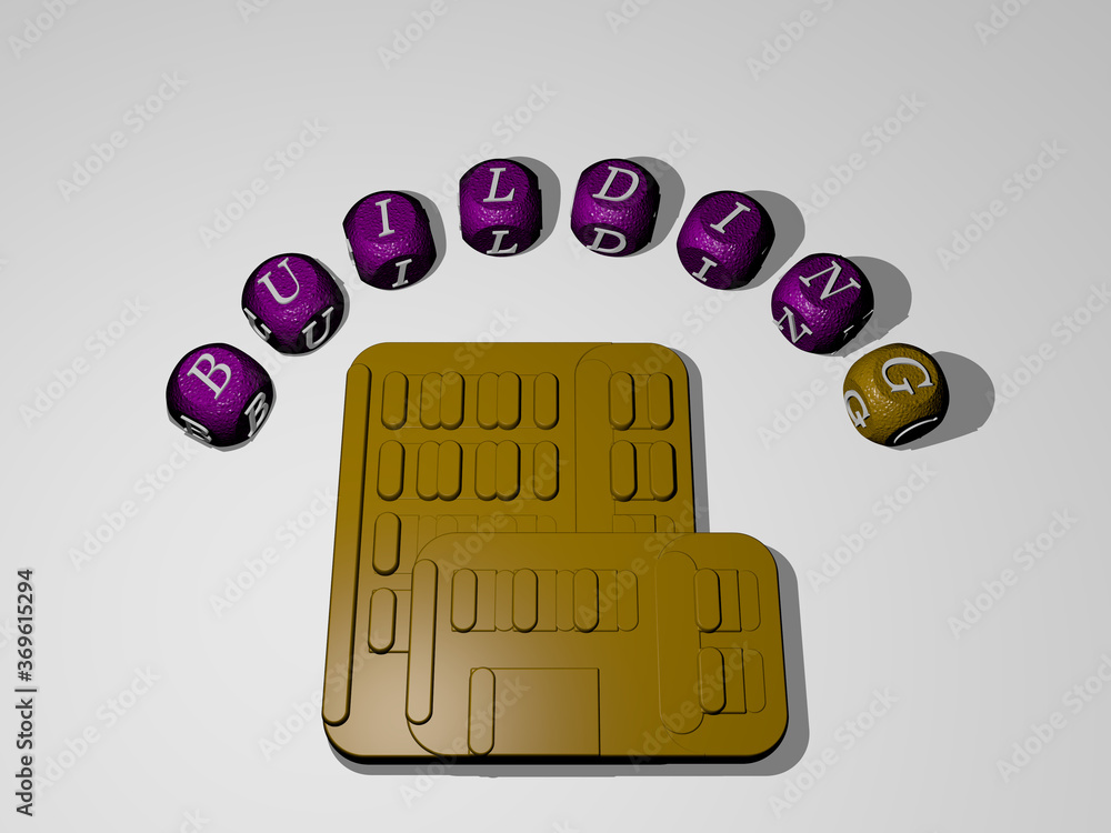 Poster 3d representation of building with icon on the wall and text arranged by metallic cubic letters on a