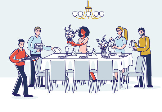 people setting table, preparing for dinner clip art preview