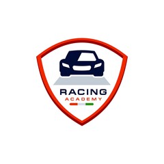 racing car logo academy design in emblem Illustration, secure driving car shield steering wheel icon logo